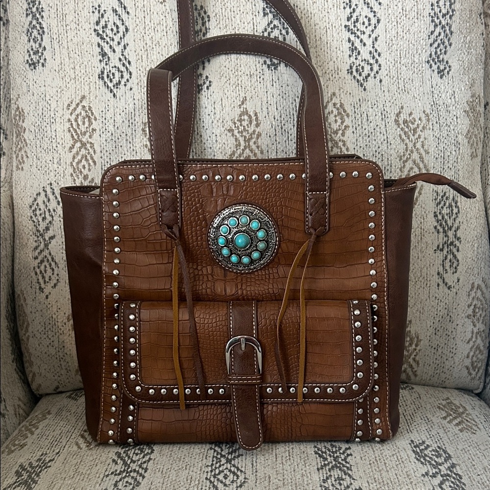 Brown Western-Style Tote Bag with Turquoise Concho